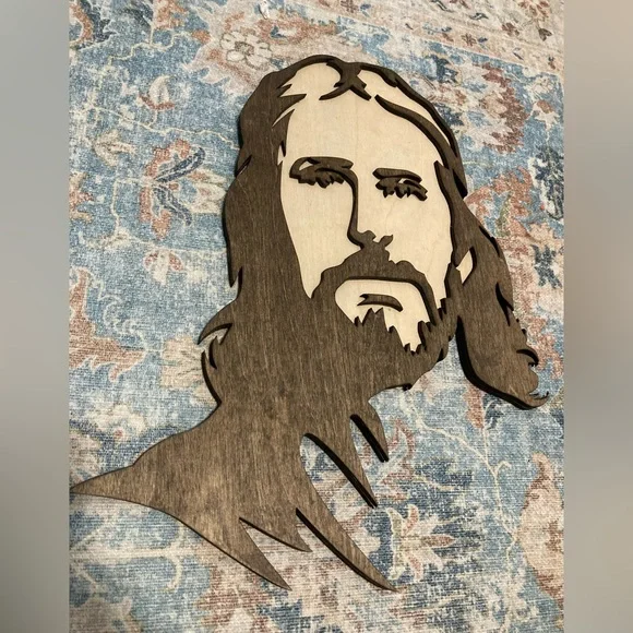 HOMEMADE Wood engraved Jesus sign 14.5”x12”