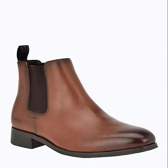 New w/Box Calvin Klein Donto Brown Leather Pull-On Chelsea Ankle Boots Size 9