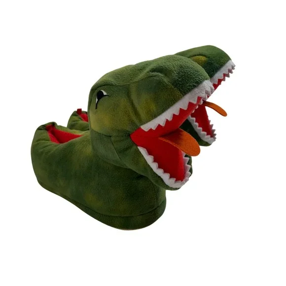 Old Navy Kids Green Dinosaur T-Rex Plush Slippers‎ XXL (5-6) Non-Slip Soles