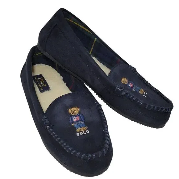 Polo Ralph Lauren Slippers Big Kid Boys‎ Child Size 9 Dezi V Bear Faux Suede Fur