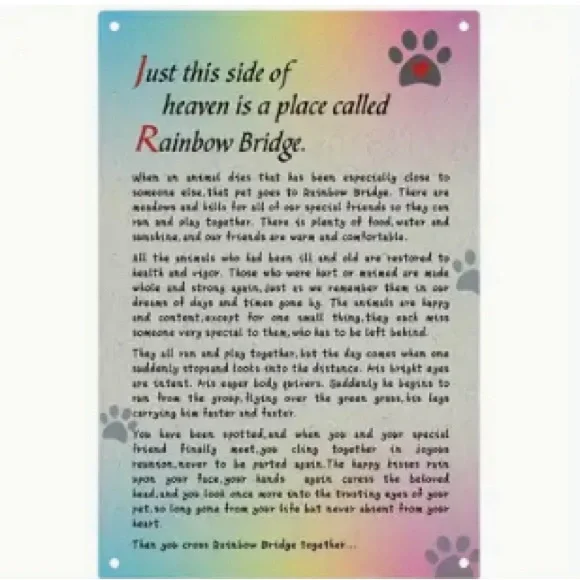 Rainbow colored metal tin sign with “Rainbow Bridge” poem for pet loss sympathy