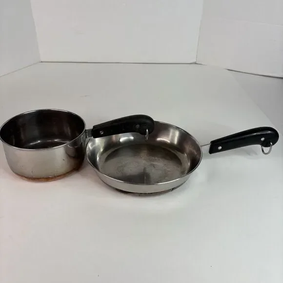 Vintage Revere Ware 2 Piece Set, 8” Frying Pan, 1 Qt Pot, Copper Bottom