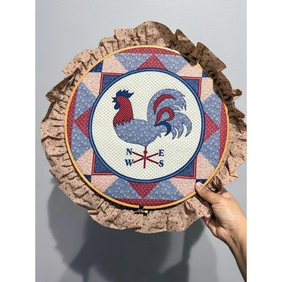 Vintage Handmade Embroidery Hoop Wall Art Rooster Compass Farmhouse Country Chic