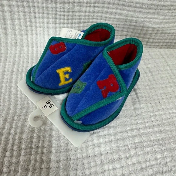 VTG 90s Baby Slippers Shoes Size 5/6 S Blue Children alphabet bear Fabric NWT