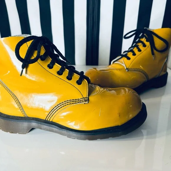 Dr. Martens RARE Vintage Patent Leather YELLOW Steel Toe Boots - Made in England
