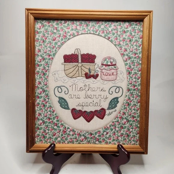Vtg‎ Folk Art Applique Cross Stich 9 x 11 Strawberry Granny Chic Cottagecore