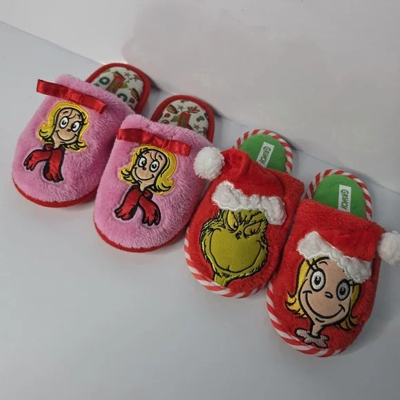 Dr. Seuss The Grinch & Cindy Lou Who Slippers House Shoes Size 11/12 Lot Of 2 Pr