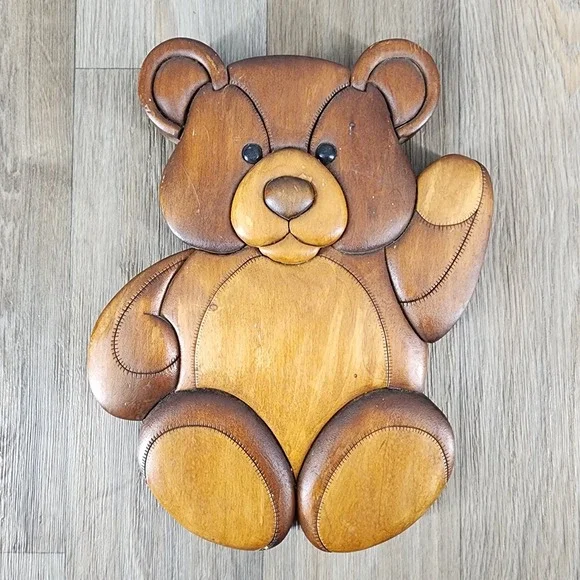 Vintage Signed Intarsia Wood Teddy Bear Wall Art Plaque 2000 Cottagecore