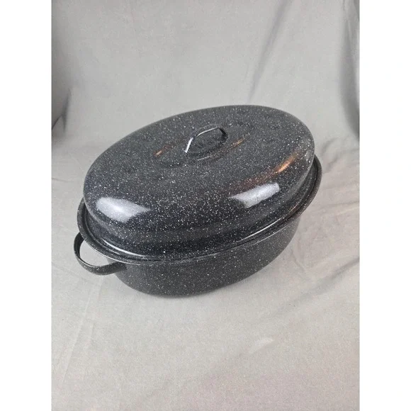 Enamelware Roaster Black Speckled Oval USA Large 16.5