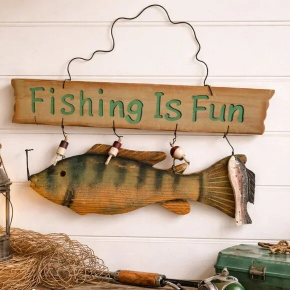 FISHING IS FUN Wooden Wall Sign | Nautical Fish Decor | Rustic Coastal Hanging