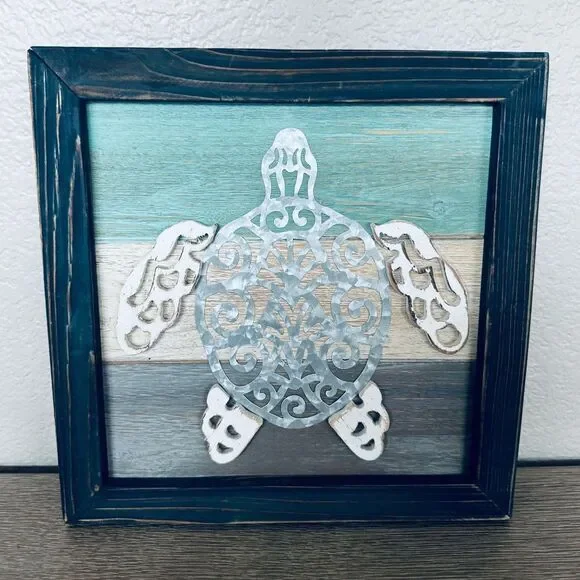 Sea Turtle Coastal Rustic Wood Metal Beach Wall Decor Art