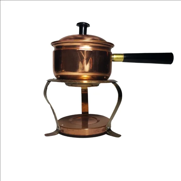 Mid-Century Copper Cookware Covered Butter Warmer Small Sauce, Mini Fondue Pot