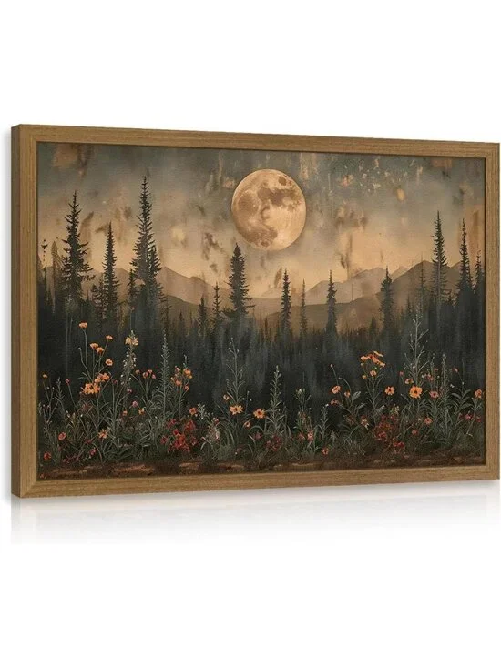 Rustic Forest Landscape Wall Art, Vintage Moon Pine Tree Canvas Print 16x24