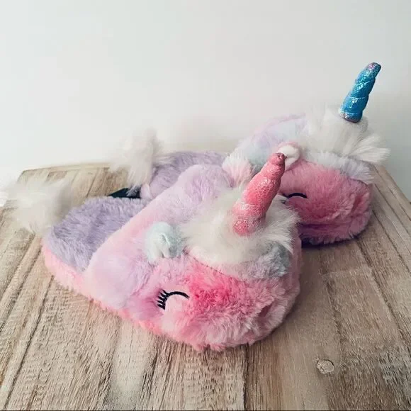 NWT Wonder Nation Sz 11-12 Big Girl's Unicorn Scuff Pink,Lilac,Blue Slippers New