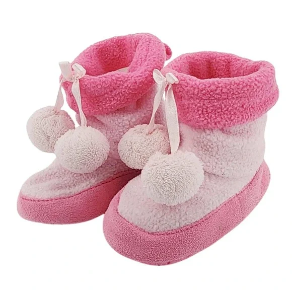 Baby Girl Pink Fleece Pom Pom Slipper Booties Non-Slip XS 3-4 Infant‎ Shoes