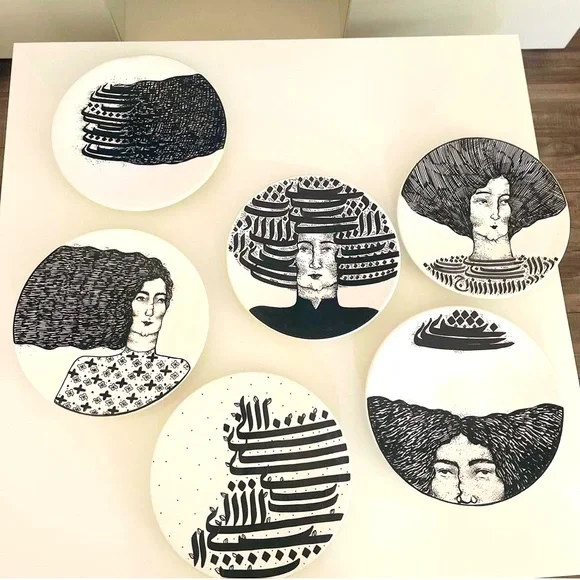 Set of 6 Hand-Painted Middle Eastern Wall Plates – Black & White Ceramic Art‎