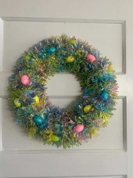 Pastel Easter Tinsel Wreath with Decorative Eggs - Multi