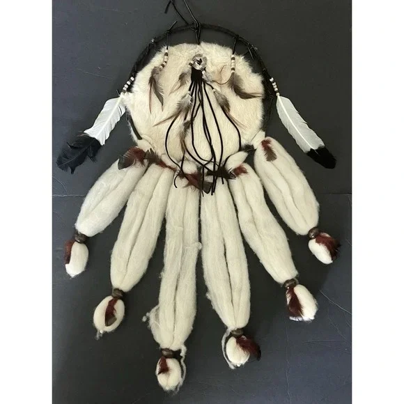 Vintage handmade Native American Dream Catcher Authentic Fur Hide Feathers