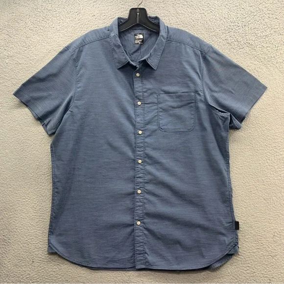 The North Face Men Short Sleeve Blue Gray Striped Pocket Button Up Shirt Size XL