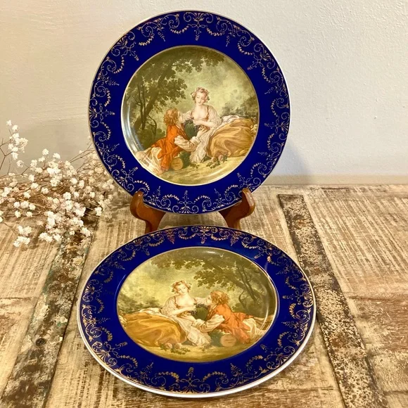 Pair Vintage Reproduction Blue & Gold Decorative Plates Wall Hanging French Art
