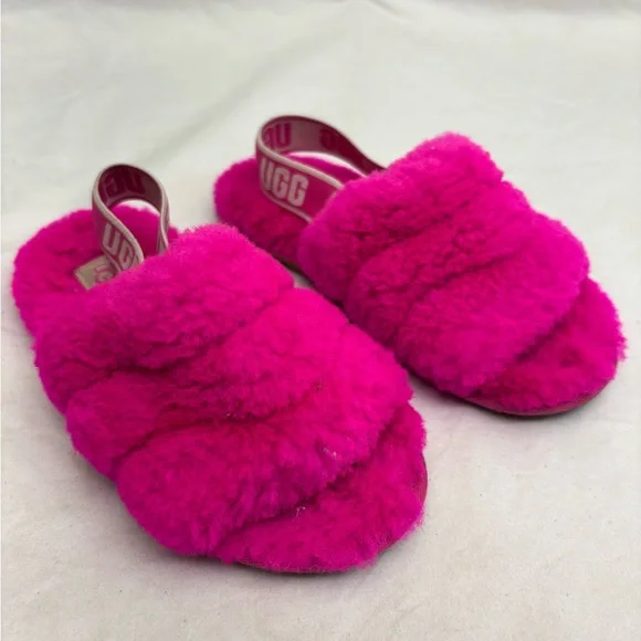 UGG Hot Pink Fluff Slide Sandals Or Slippers