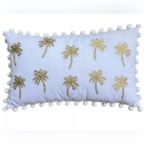 Lilly Pulitzer Two Sided Gold Blue Palm Trees Pom Poms Decorative Lumbar Pillow