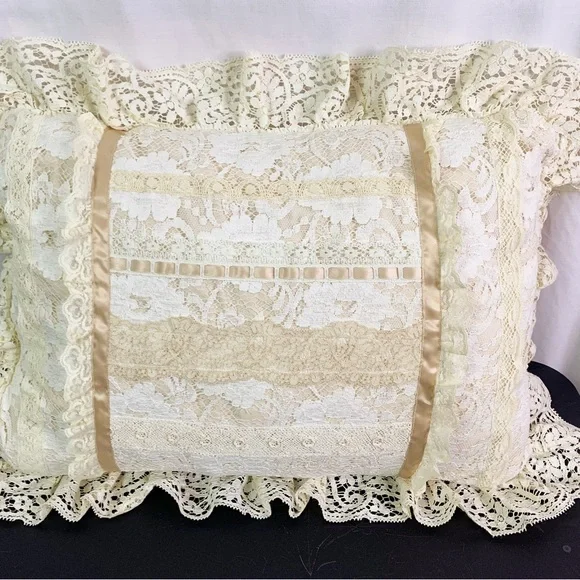 Vintage Crochet Lace Decorative Pillow Ribbon Accents