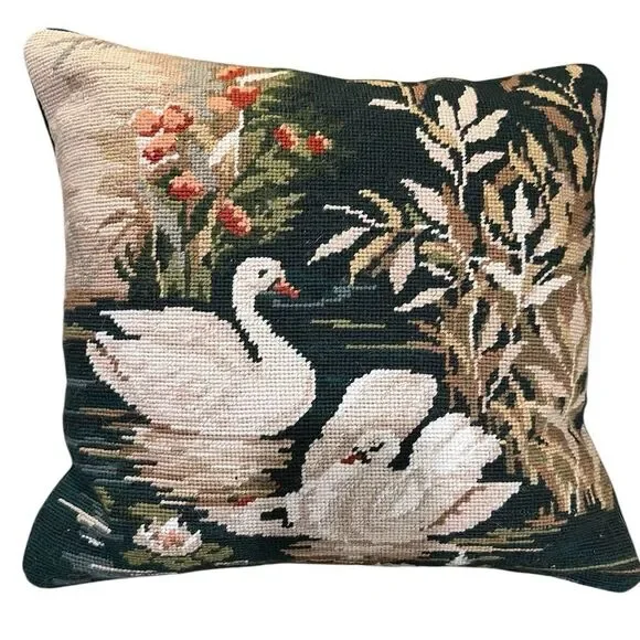 Swan needle point throw pillow