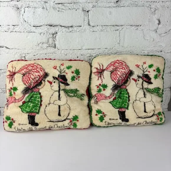 Vintage Your All I Want For Christmas Girl & Snowman Towel Pillows 2