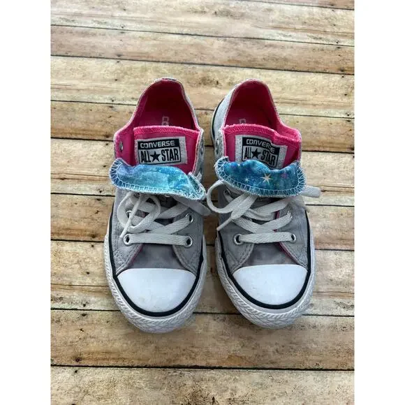 Converse Gray Neon Pink Star Print Double Tongue Girls Size 13