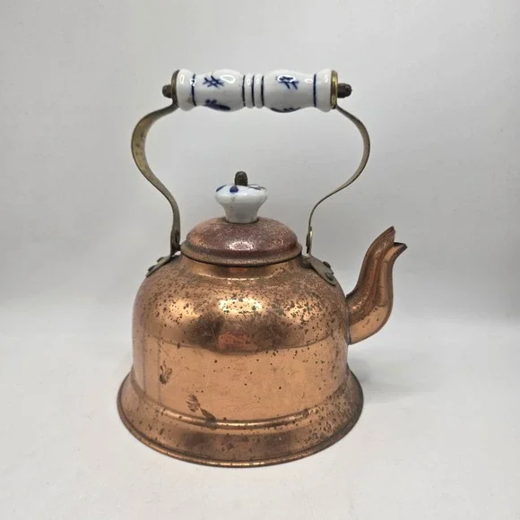 Portugal Copper Tea Kettle Vintage Floral Ceramic Handle Rustic Farmhouse Decor