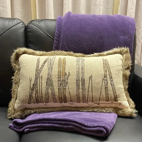 Skis and poles winter snowy scene decorative pillow faux fur trim