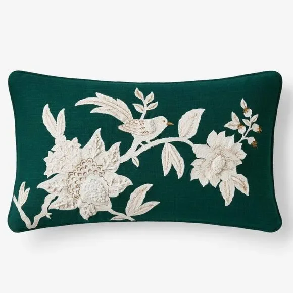 Company Store Legends Luxury Embroidered Holiday Bird Green Lumbar Pillow 12x21