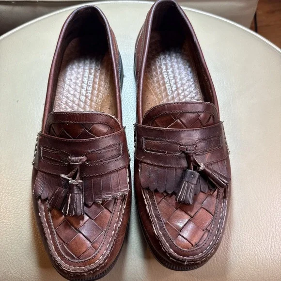 Vintage 90s Brown Hush‎ Puppies Lancer Woven Leather Tassel Loafers 11
