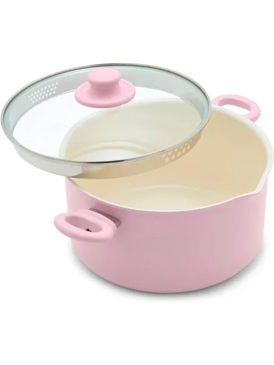 Ceramic Nonstick 6QT Stockpot with Glass Lid, PFAS-Free, Dishwasher Safe, Pink