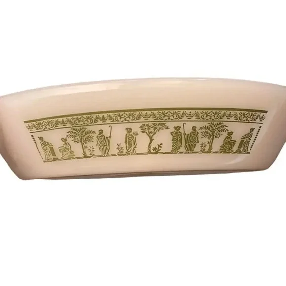 1960 Vintage Glasbake Divided Casserole Dish/Grecian/Roman Pattern on Milk Glass