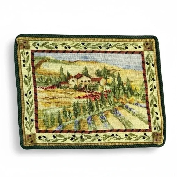 Needlepoint Pillow Cover 16x20 Wool Tuscan Vineyard Landscape‎ Lumbar Piped Trim