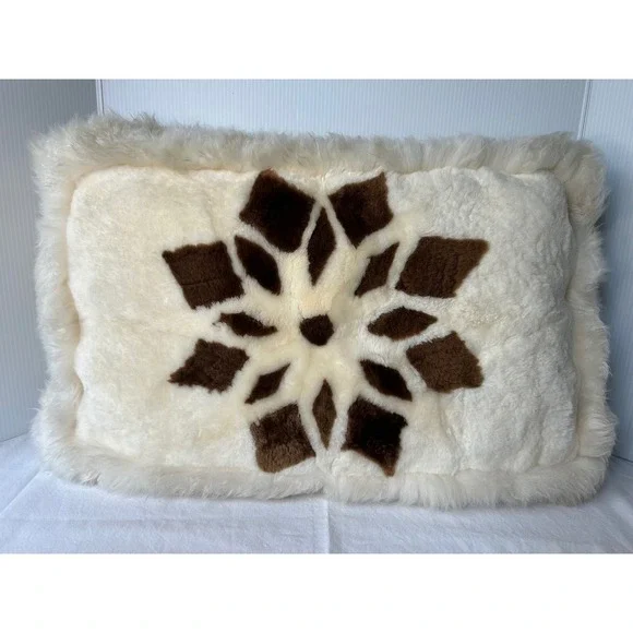 Vintage Plush Throw Pillow Cream Brown Snowflake Shaggy Faux Fur Accent Pillow