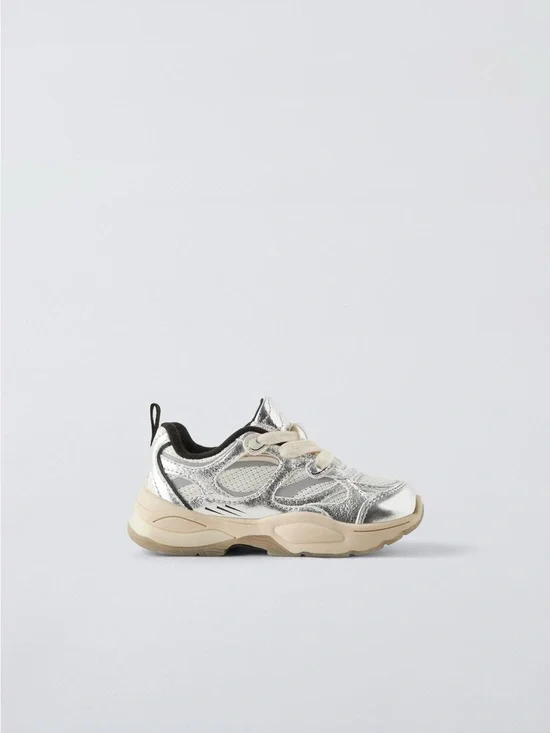 zara kids • size 7 toddler • metallic sneakers silver lace up chunky shoe