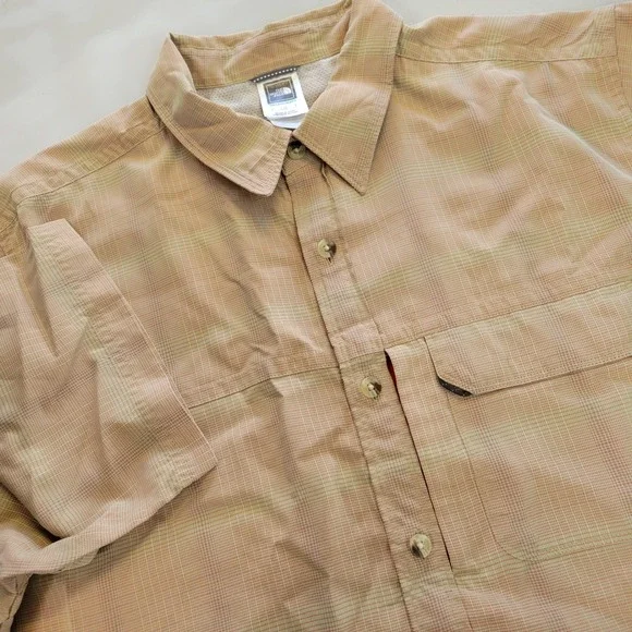 The North Face Mens Large Tan Orange Micro Plaid‎ Short Sleeve Button Down Shirt