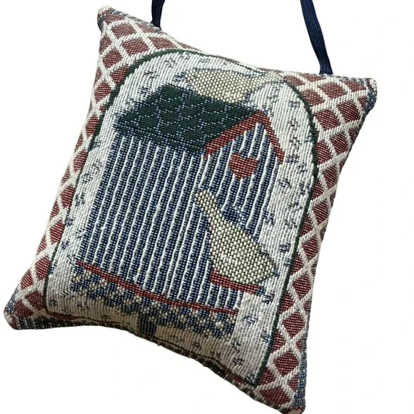 Tapestry Folk Art Geese Door Hanger Pillow Navy Blue Woven Heart Cottagecore
