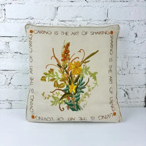 Vintage Embroidered Crewl Caring Is The Art Of Sharing Pillow