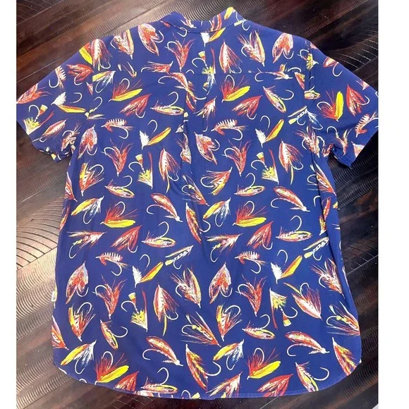 The North Face Fly Fishing Lure Print Shirt Men XL Blue Cotton Short Sleeve GOOD