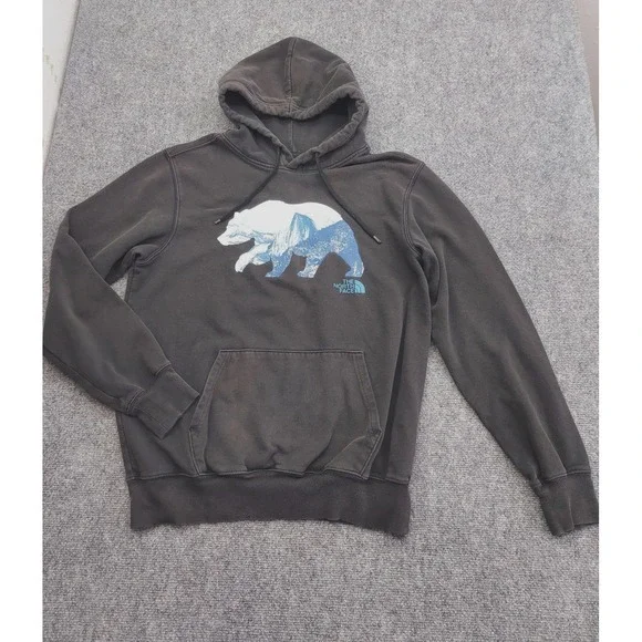 The North Face Hoodie Mens Medium Black Bear‎ Graphic Pullover Fleece Sweatshirt