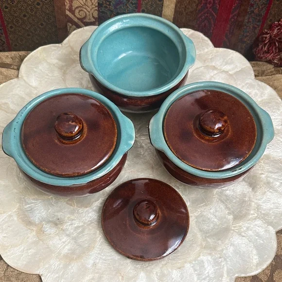 Set of Three Zanesville Pottery Personal 1.5 cup Covered Casserole Dishes