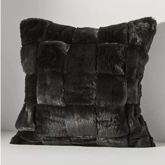 Anthropologie Black Woven Faux Fur Decorative Accent Pillow Down Feather Fill