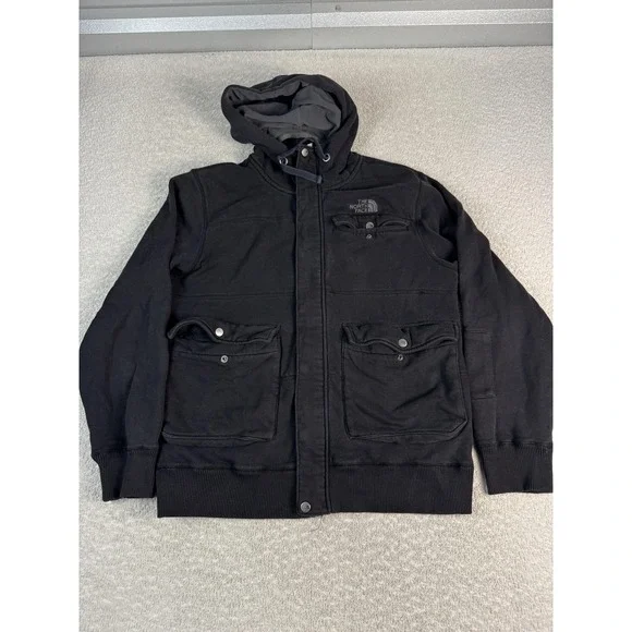The North Face Jacket Mens Large Black Hooded Fleece Lined Snap Front Full Zip