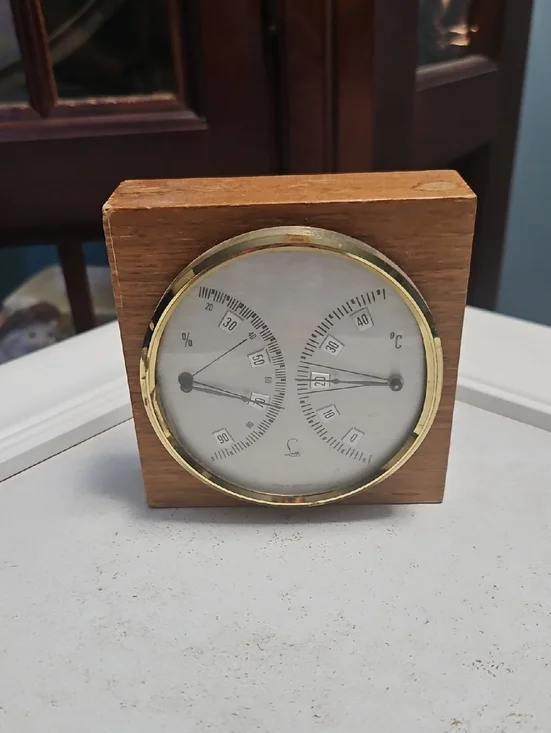 Lufft Vintage Wooden Brass Accent Hygrometer and Thermometer