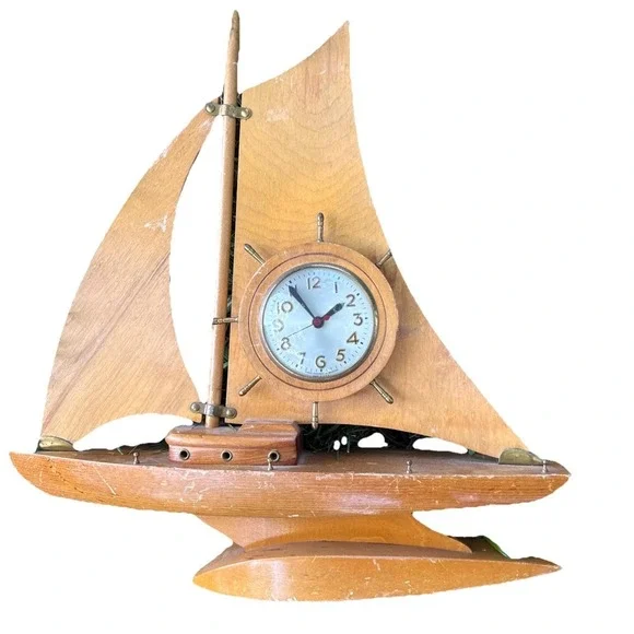 Vintage Sessions Wooden Sailboat Mantel Clock Nautical Ship Wheel Electric USA