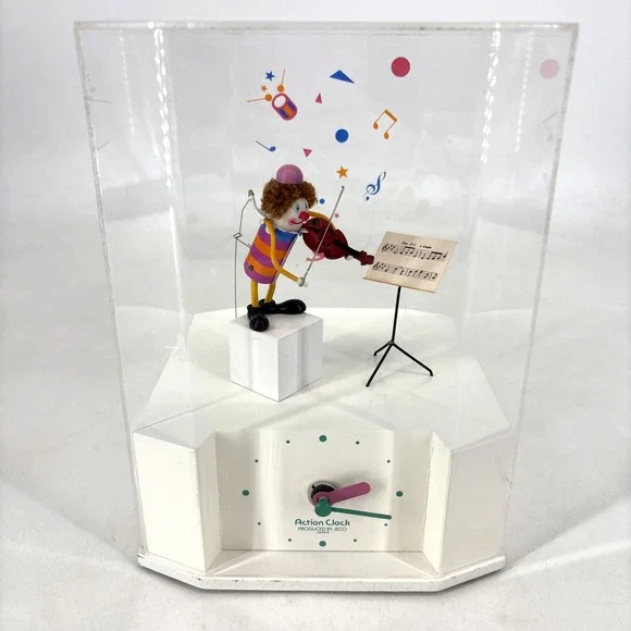 Vintage Jeco Clown Playing Violin Clock Japan Working Acrylic Case 60s 70s READ!